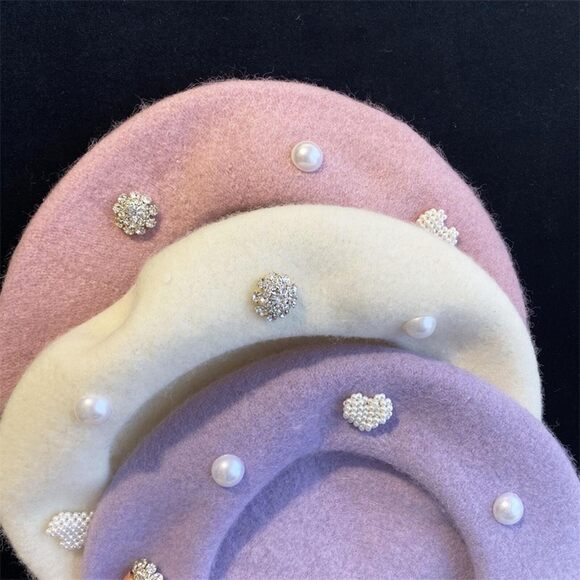 9596 Winter Wool French Beret Hats For Women Lolita Pearl Warm Beanie Cap